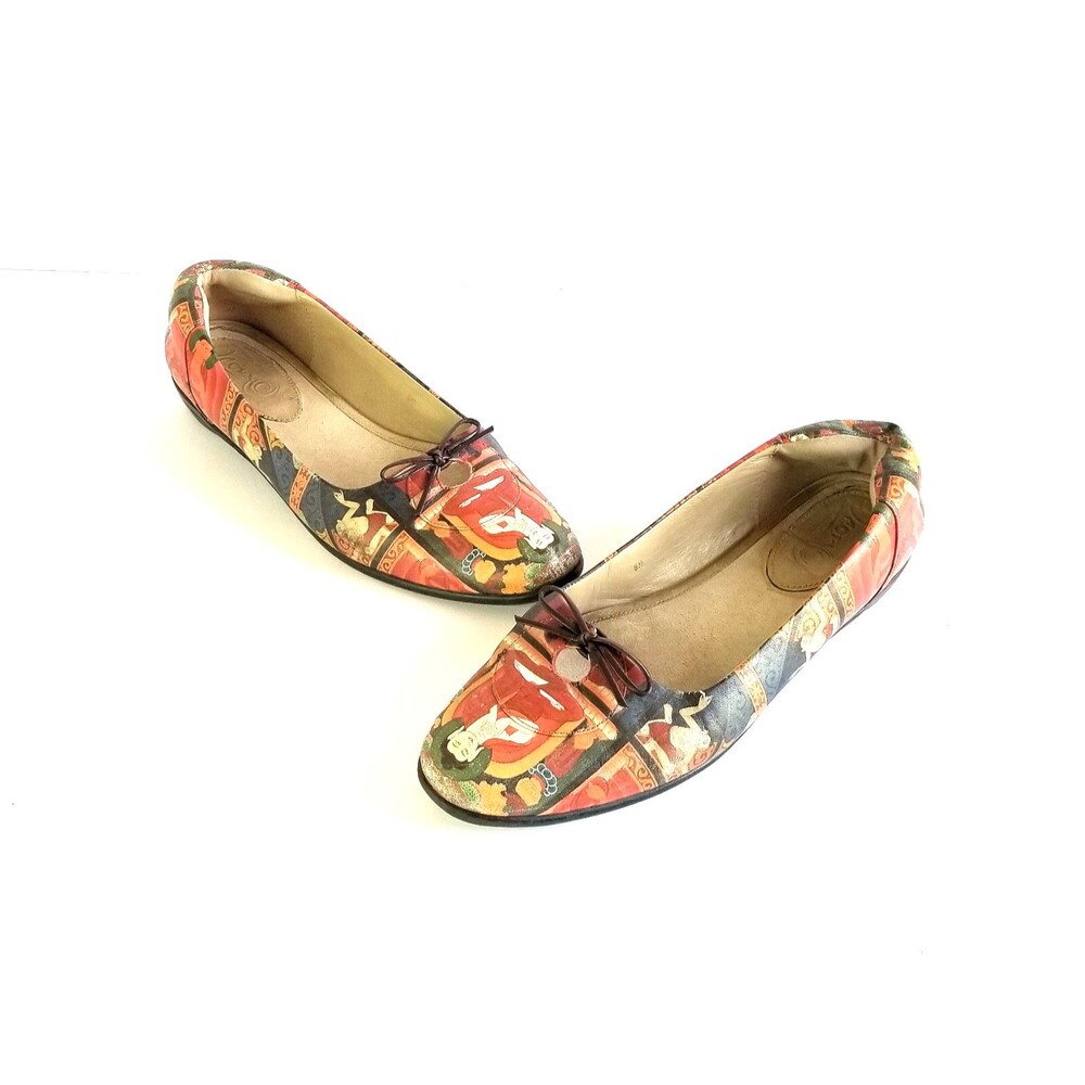 ICON Women's Multicolor Printed Leather Flats Sz 8 Art To Wear Casual Bow